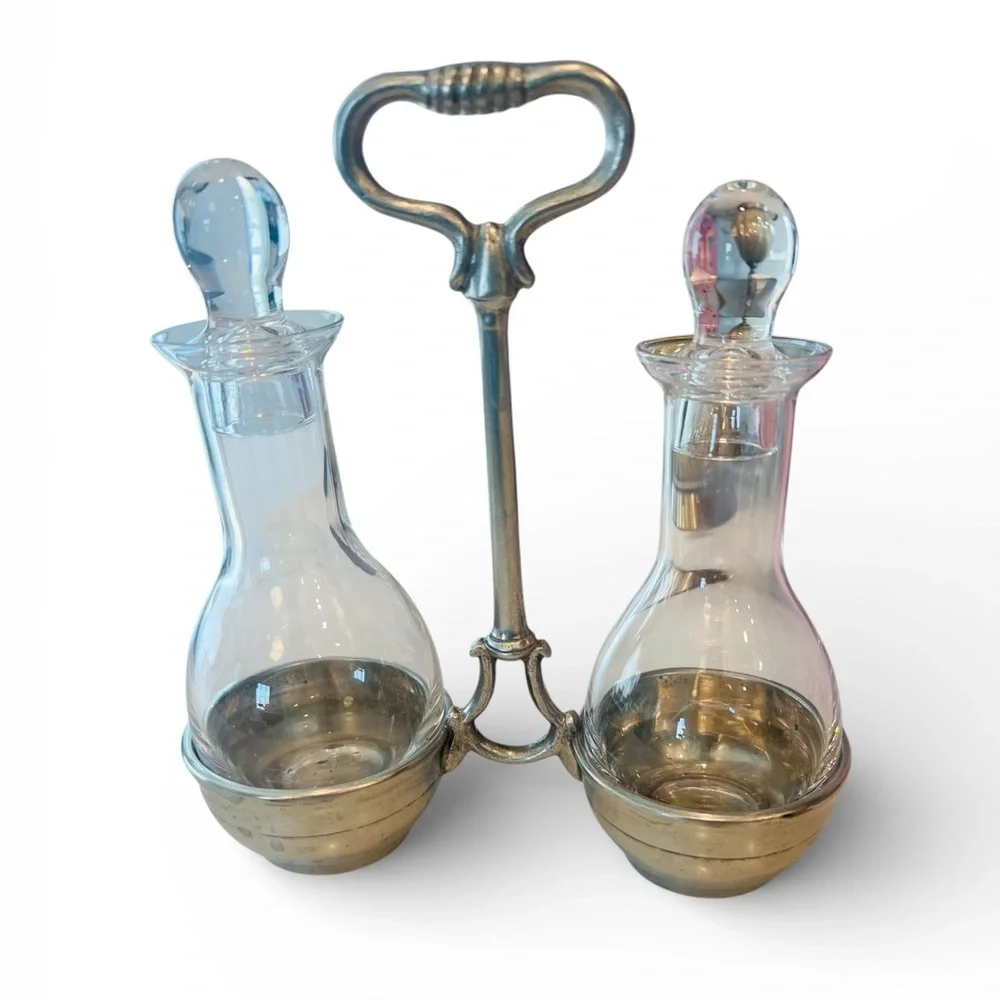 Vintage Glass Oil & Vinegar Cruet Set with Metal Caddy | Dual Decanter Condiment